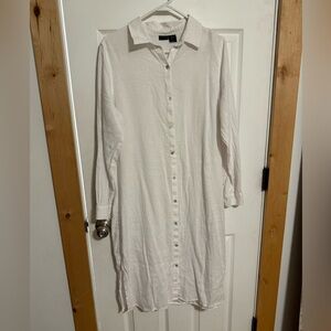 TAHARI Linen White Button-Down Long Shirt Dress